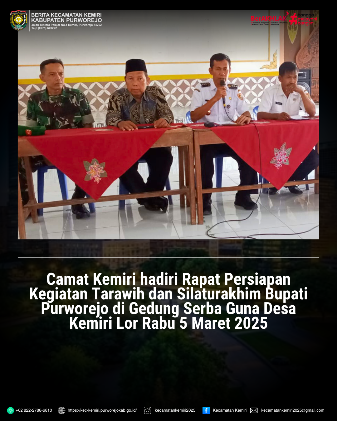 Rapat Persiapan Kegiatan Tarawih dan Silaturakhim Bupati Purworejo  di Gedung Serba Guna Desa Kemirilor